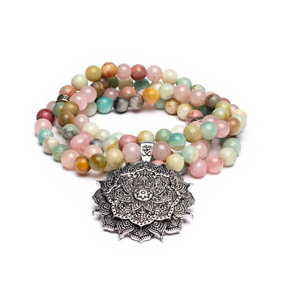 Mala Kette Rosenquarz Amazonit Rhodonit mit Lotus - Dianas Klosterlädchen
