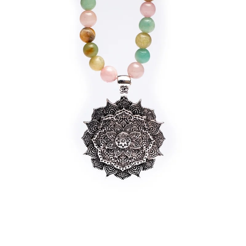 Mala Kette Rosenquarz Amazonit Rhodonit mit Lotus - Dianas Klosterlädchen