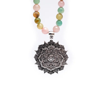 Mala Kette Rosenquarz Amazonit Rhodonit mit Lotus - Dianas Klosterlädchen