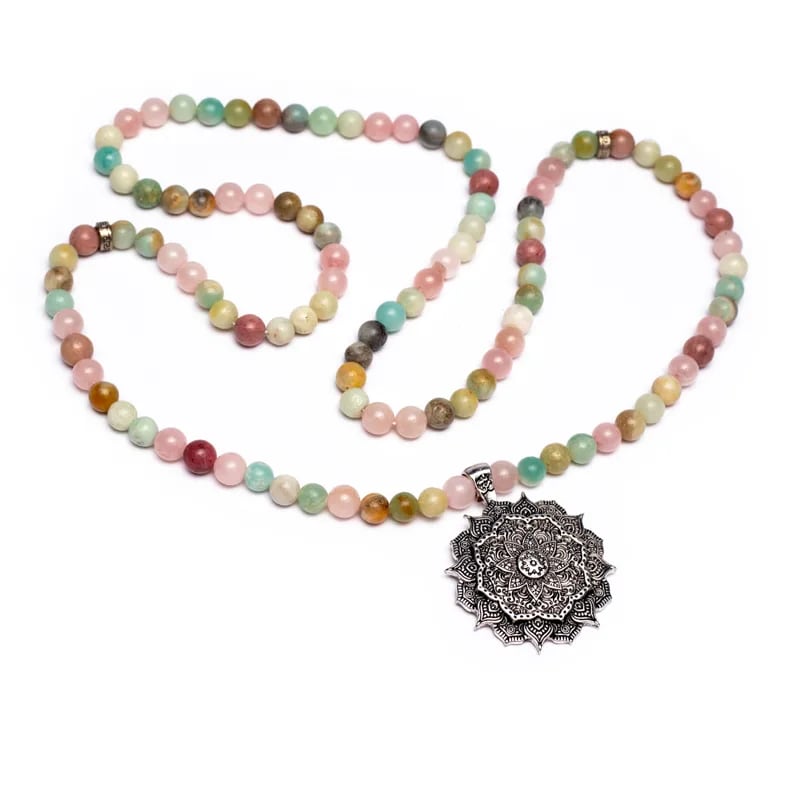 Mala Kette Rosenquarz Amazonit Rhodonit mit Lotus - Dianas Klosterlädchen