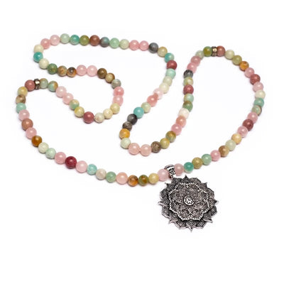 Mala Kette Rosenquarz Amazonit Rhodonit mit Lotus - Dianas Klosterlädchen